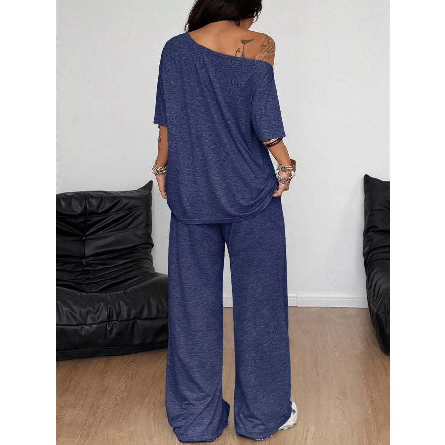 Boat Neck Top and Wide Leg Pants Set Apparel Accessories
