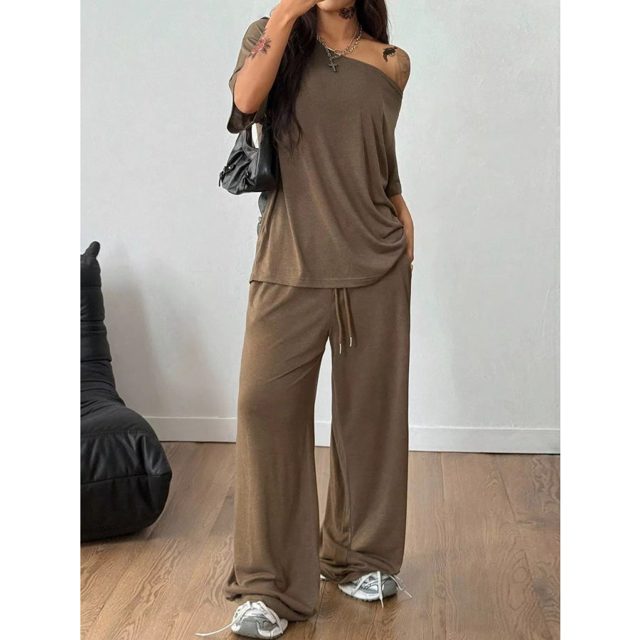 Boat Neck Top and Wide Leg Pants Set Apparel Accessories