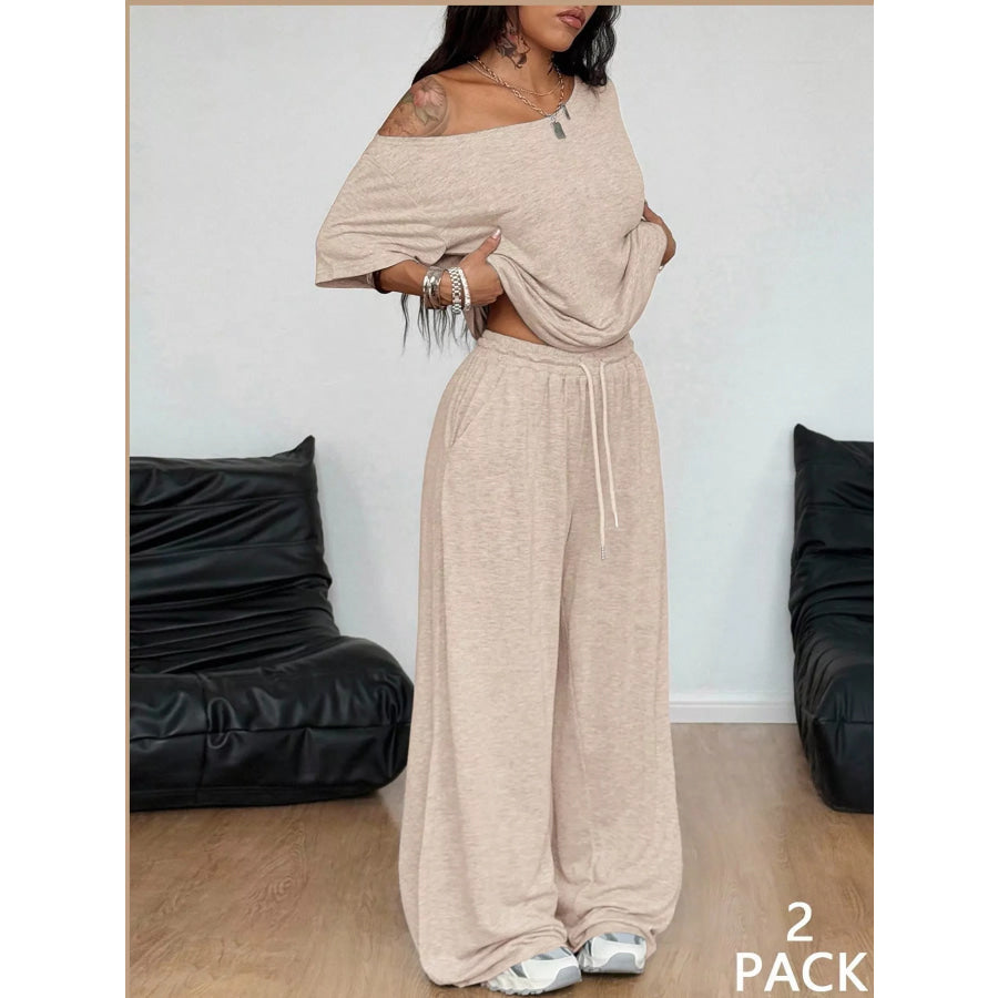Boat Neck Top and Wide Leg Pants Set Apricot / S Apparel Accessories