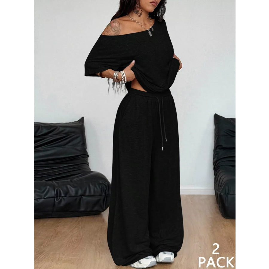 Boat Neck Top and Wide Leg Pants Set Black / S Apparel Accessories