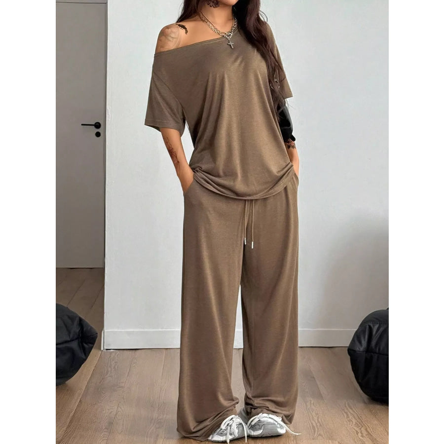 Boat Neck Top and Wide Leg Pants Set Dark Coffee / S Apparel Accessories