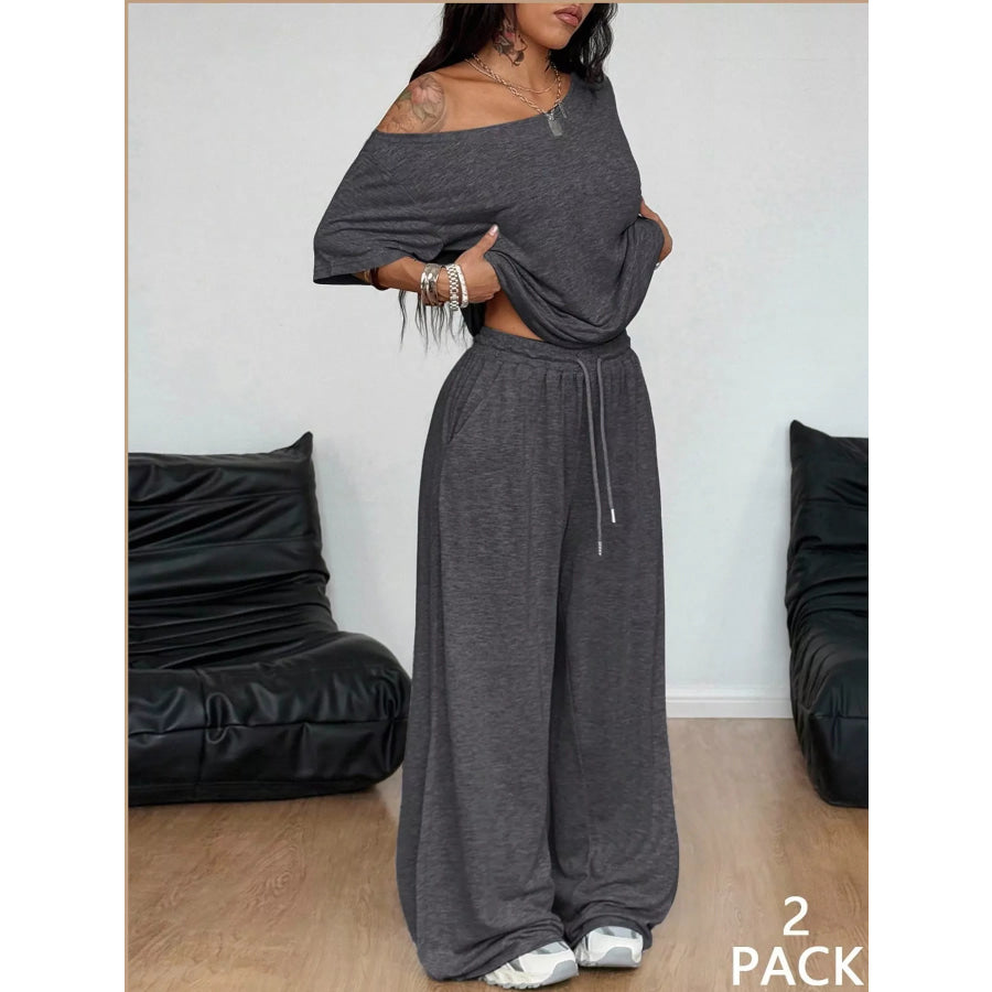 Boat Neck Top and Wide Leg Pants Set Dark Gray / S Apparel Accessories