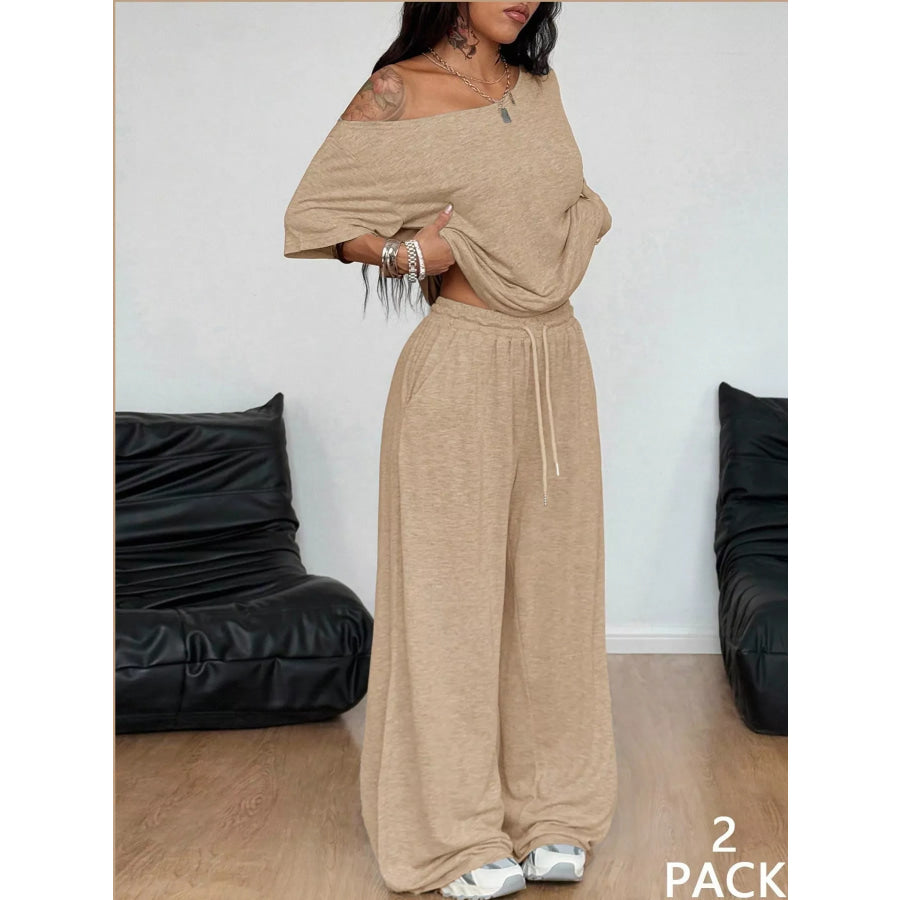 Boat Neck Top and Wide Leg Pants Set Khaki / S Apparel Accessories