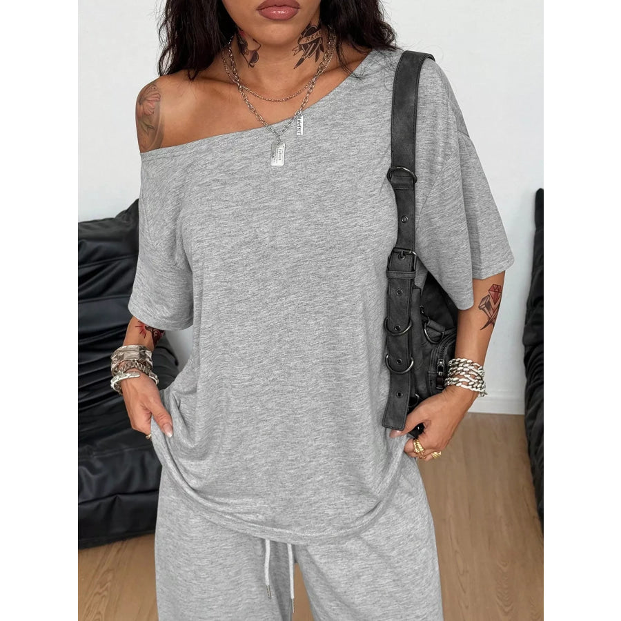 Boat Neck Top and Wide Leg Pants Set Light Gray / S Apparel Accessories