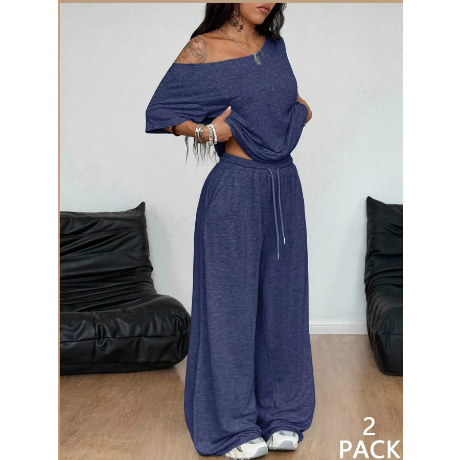 Boat Neck Top and Wide Leg Pants Set Navy / S Apparel Accessories