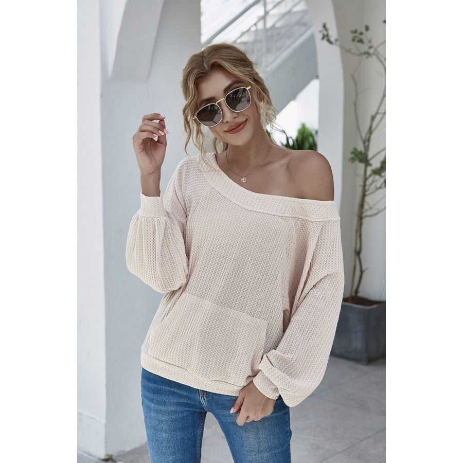 Boat Neck Waffle-Knit Lantern Sleeve Blouse with Pocket Cream / S