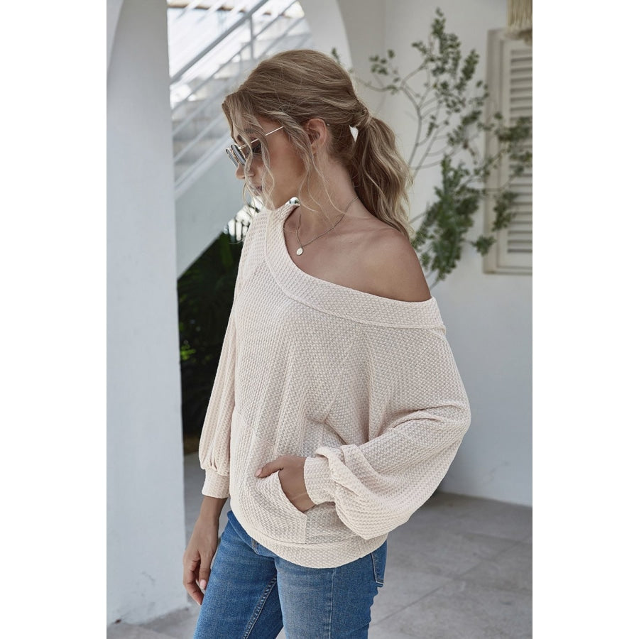 Boat Neck Waffle-Knit Lantern Sleeve Blouse with Pocket