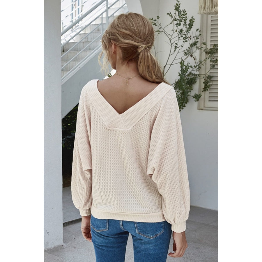 Boat Neck Waffle-Knit Lantern Sleeve Blouse with Pocket