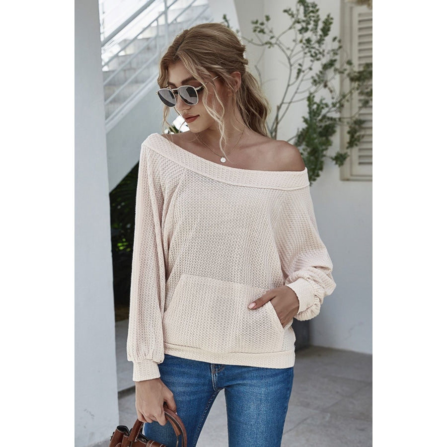 Boat Neck Waffle-Knit Lantern Sleeve Blouse with Pocket