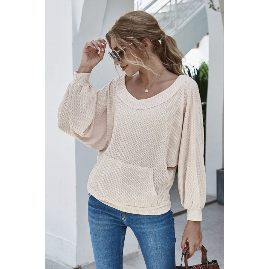 Boat Neck Waffle-Knit Lantern Sleeve Blouse with Pocket