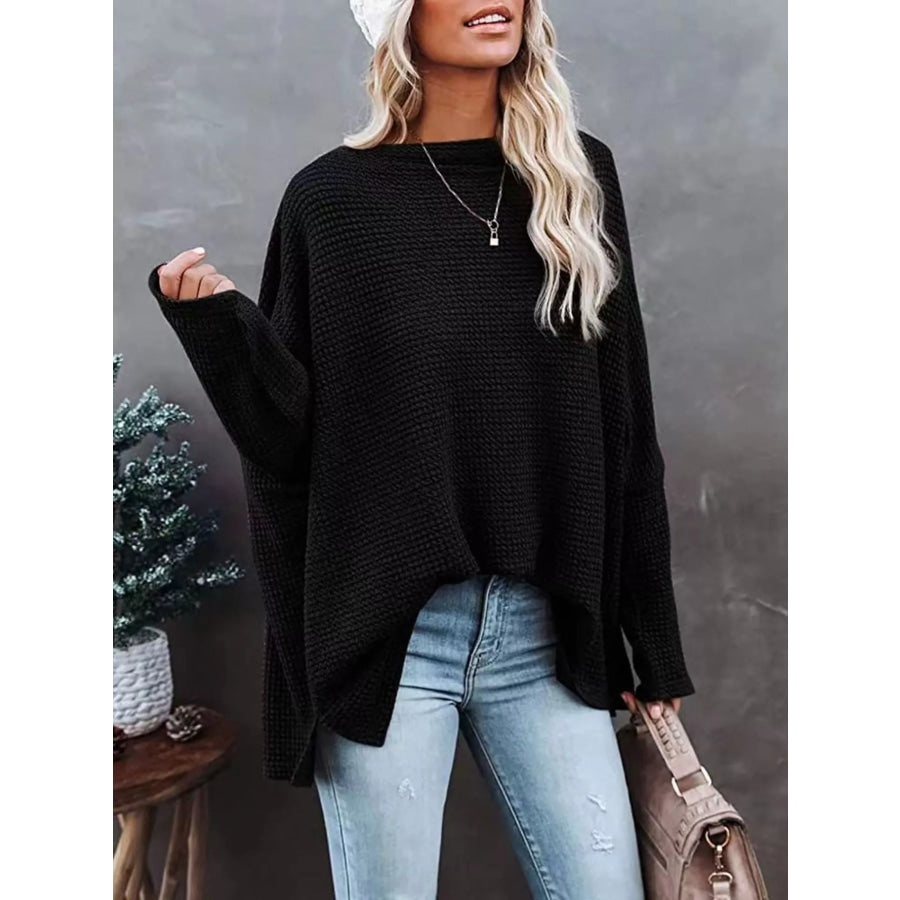 Boat Neck Waffle Knit Top Black / S Apparel and Accessories