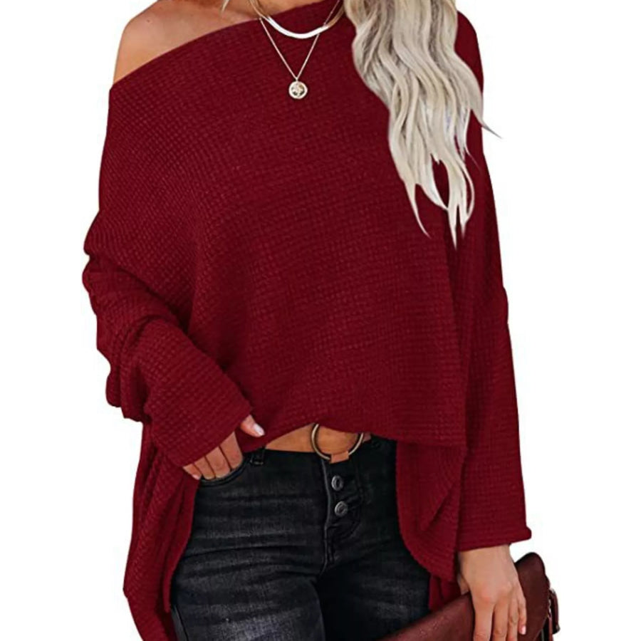 Boat Neck Waffle Knit Top Burgundy / S Apparel and Accessories