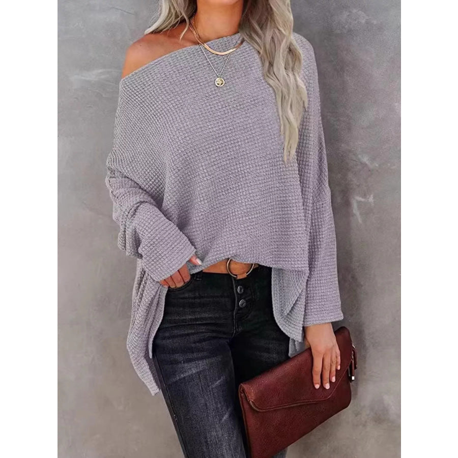Boat Neck Waffle Knit Top Gray / S Apparel and Accessories