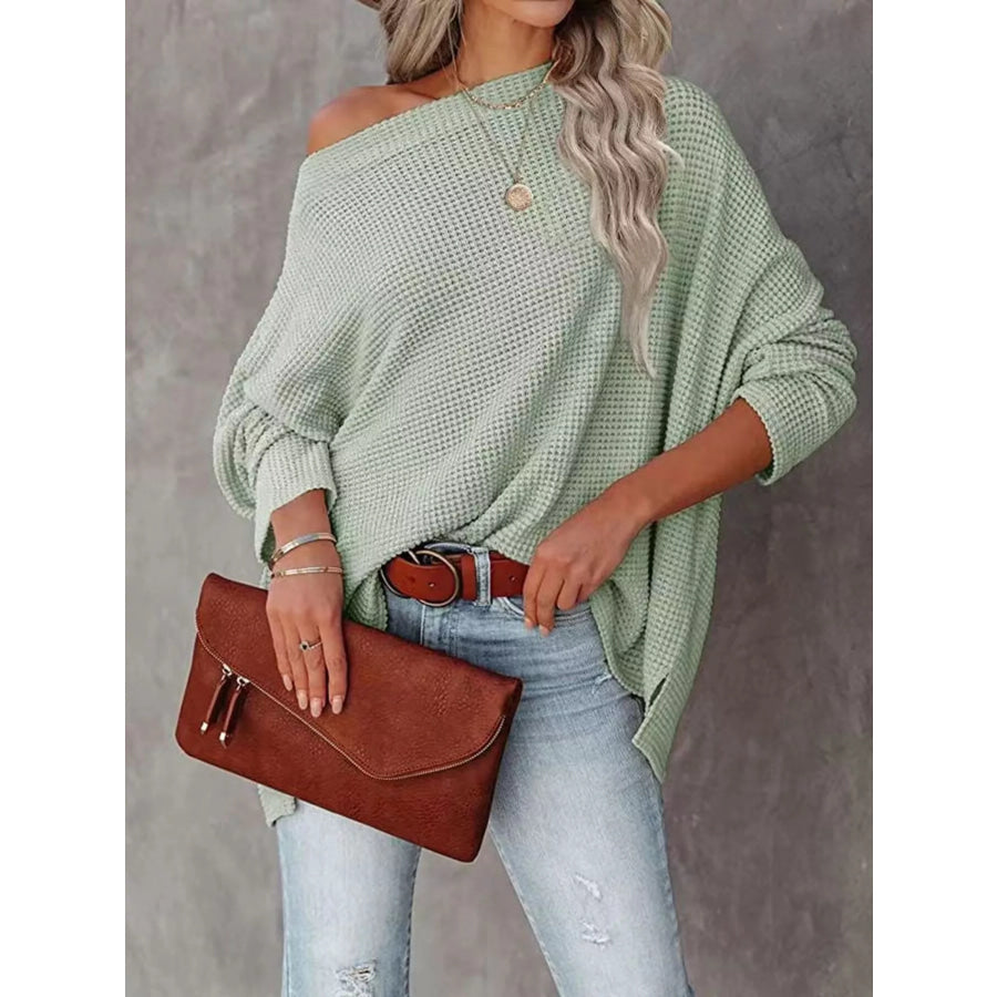 Boat Neck Waffle Knit Top Gum Leaf / S Apparel and Accessories