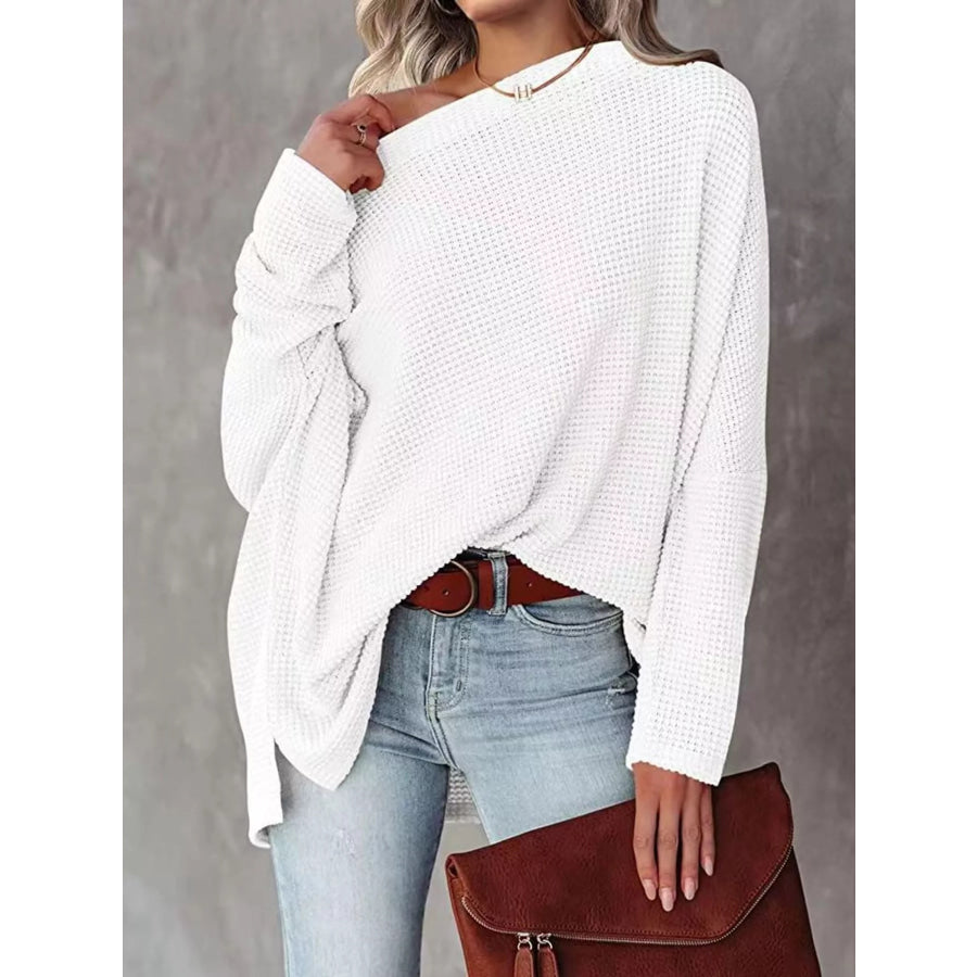 Boat Neck Waffle Knit Top White / S Apparel and Accessories