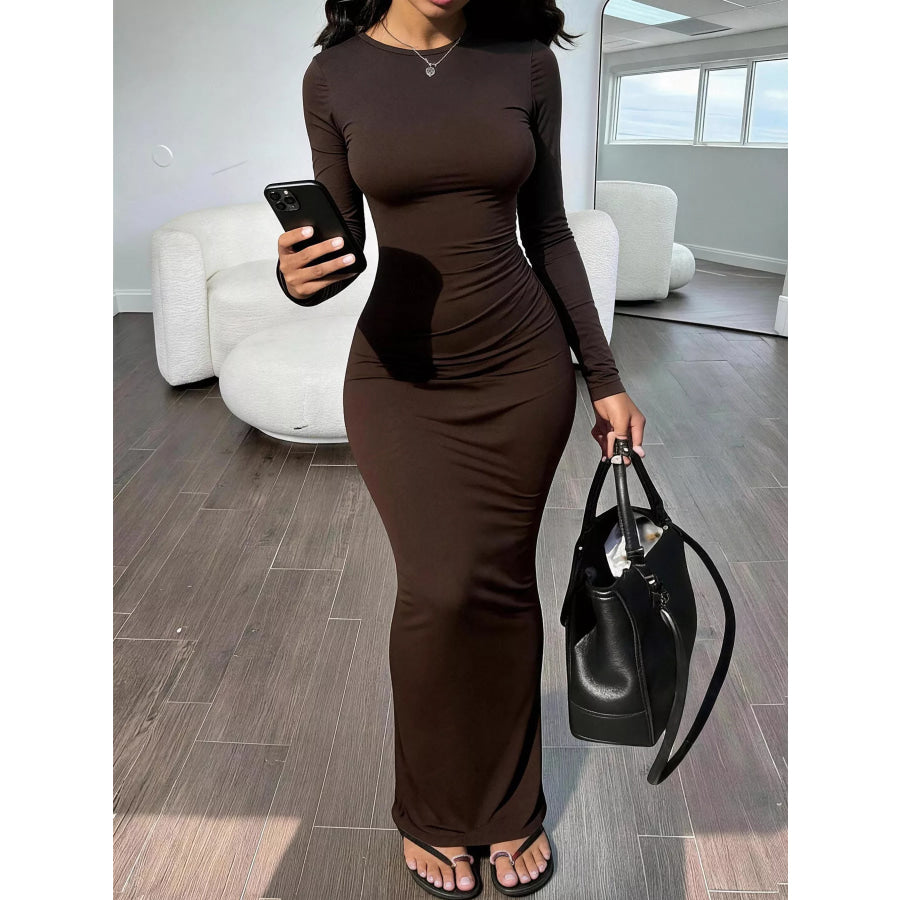 Bodycon Long Sleeve Maxi Dress Brown / S Apparel and Accessories