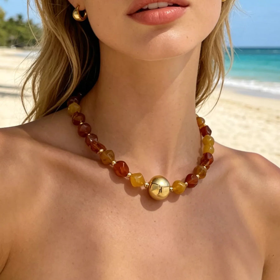 Bohemian Beaded Statement Necklace with Central Gold Sphere / onesize Apparel and Accessories