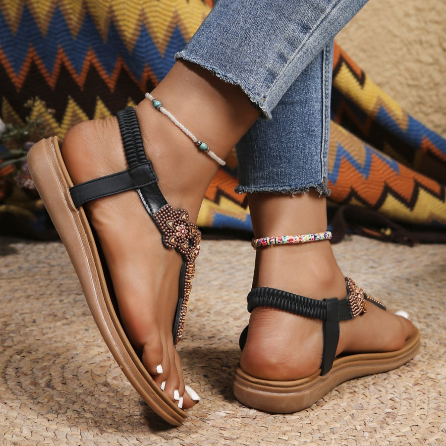 Bohemian Beaded Thong Sandals with Elastic Ankle Strap Apparel and Accessories
