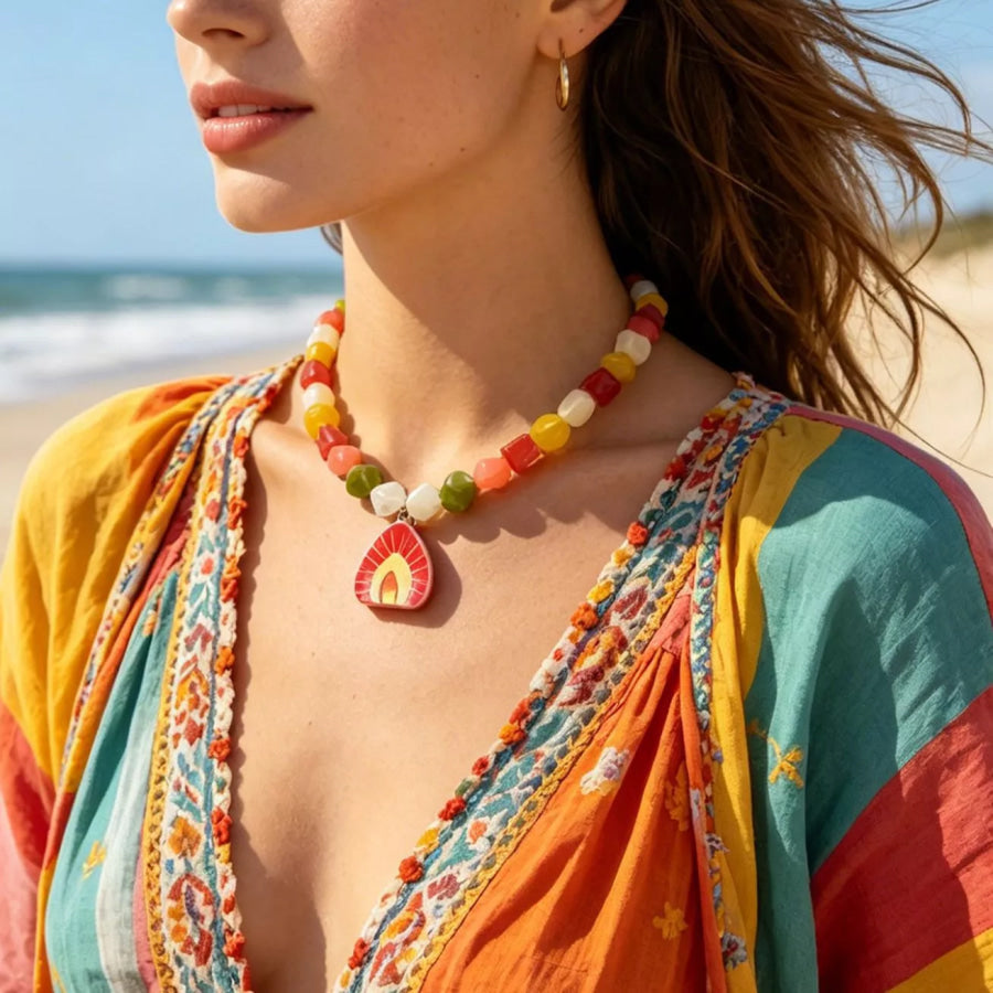 Bohemian Colorful Beaded Necklace with Resin Pendant Red / onesize Apparel and Accessories
