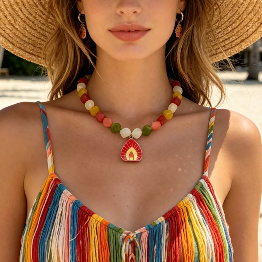 Bohemian Colorful Beaded Necklace with Resin Pendant Red / onesize Apparel and Accessories