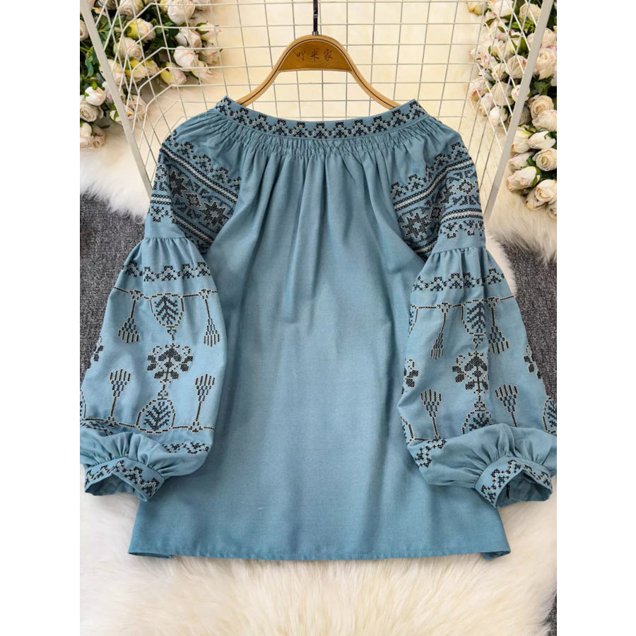 Bohemian Embroidered Blouse with Tassel Tie Apparel and Accessories