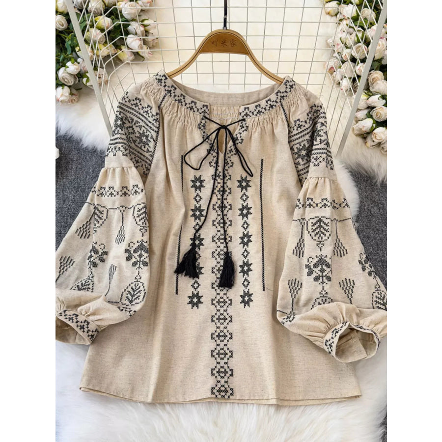 Bohemian Embroidered Blouse with Tassel Tie Apricot / One Size Apparel and Accessories