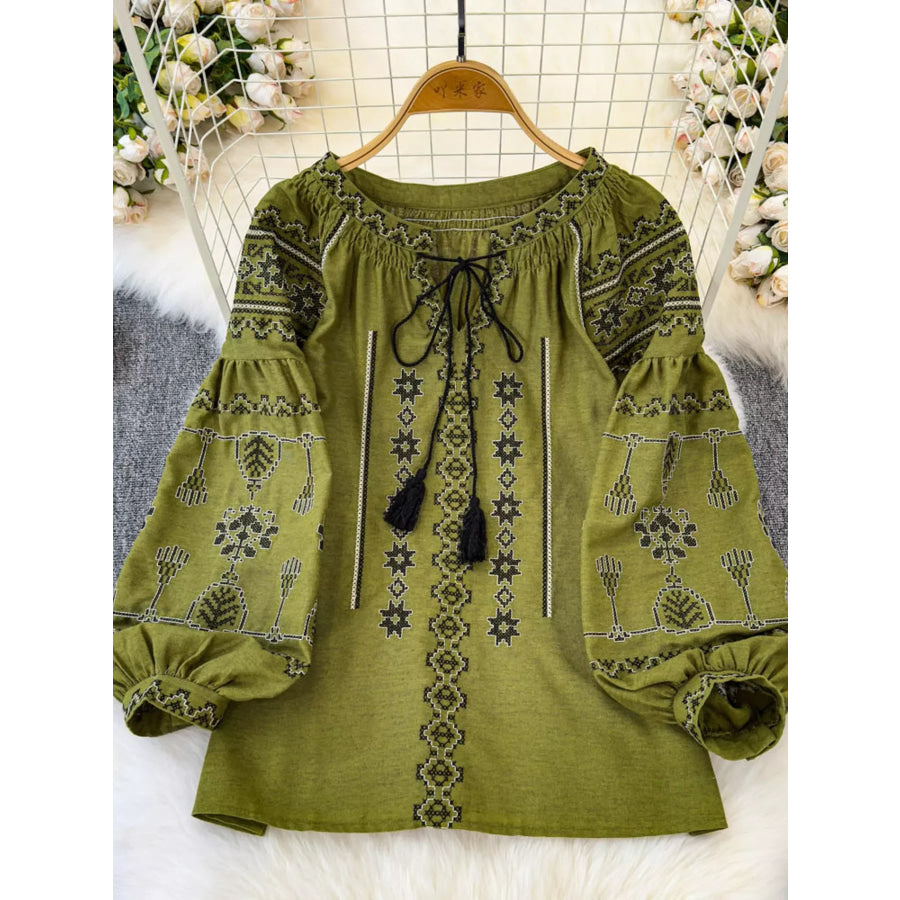 Bohemian Embroidered Blouse with Tassel Tie Green / One Size Apparel and Accessories