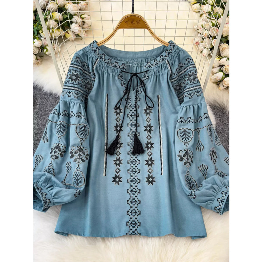 Bohemian Embroidered Blouse with Tassel Tie Light Blue / One Size Apparel and Accessories