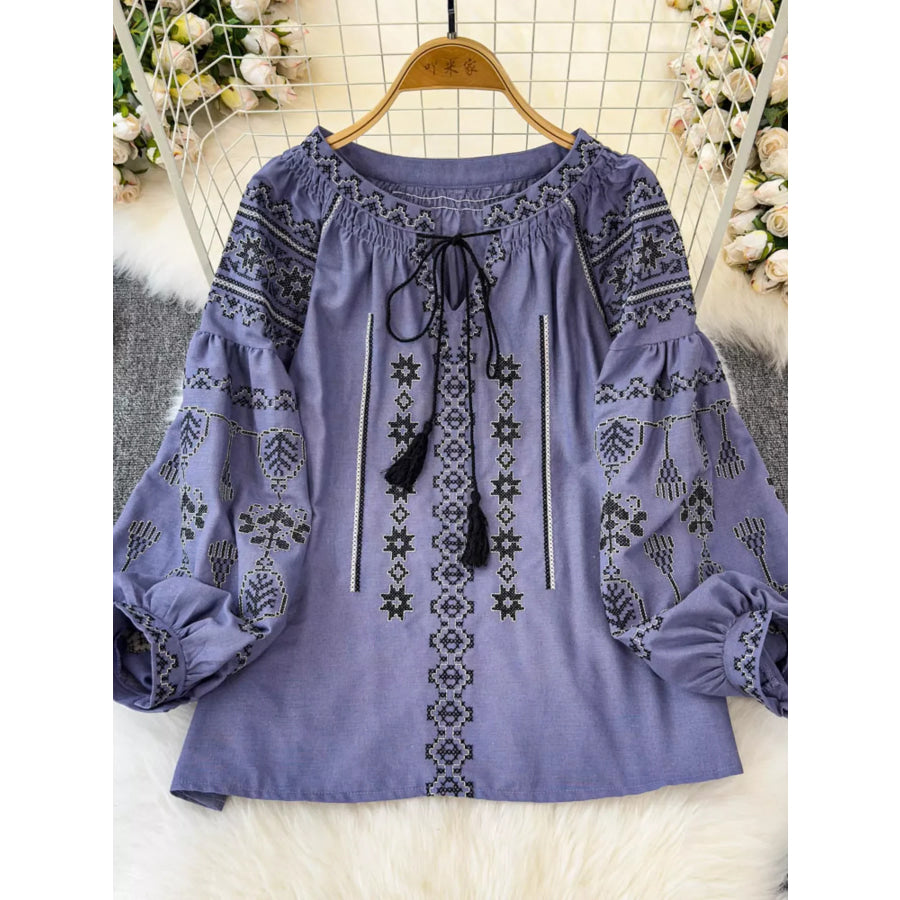 Bohemian Embroidered Blouse with Tassel Tie Purple / One Size Apparel and Accessories