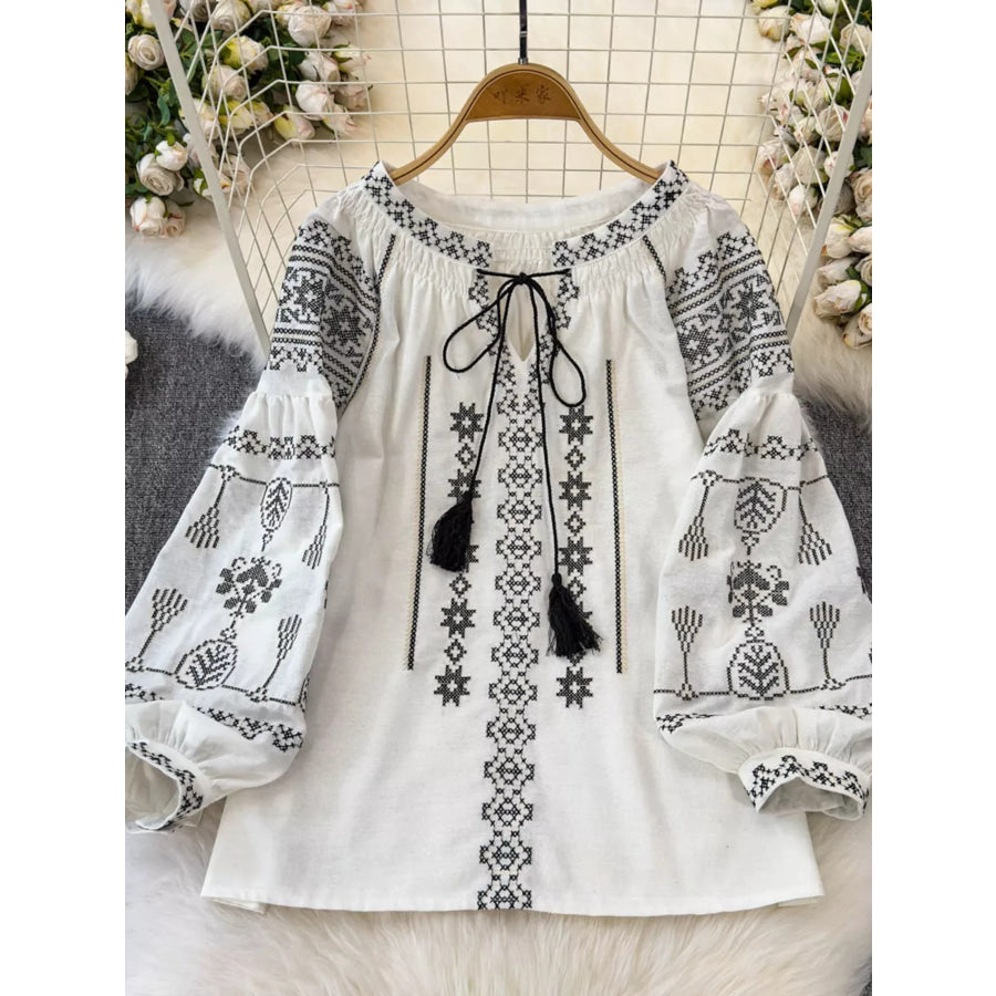 Bohemian Embroidered Blouse with Tassel Tie White / One Size Apparel and Accessories