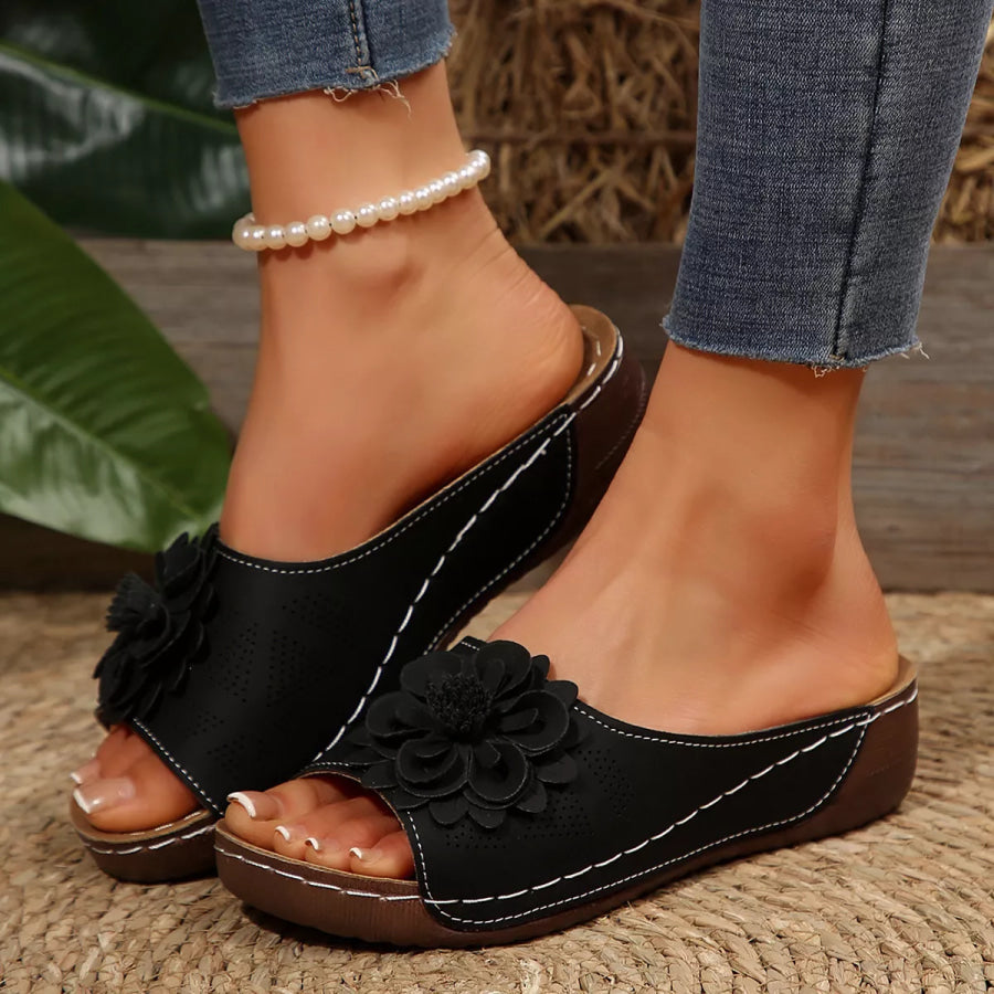 Bohemian Floral Embellished Comfortable Flat Sandals Black / 36 Apparel and Accessories