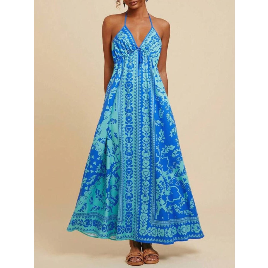 Bohemian Floral Print Halter Maxi Dress Blue / S Apparel and Accessories