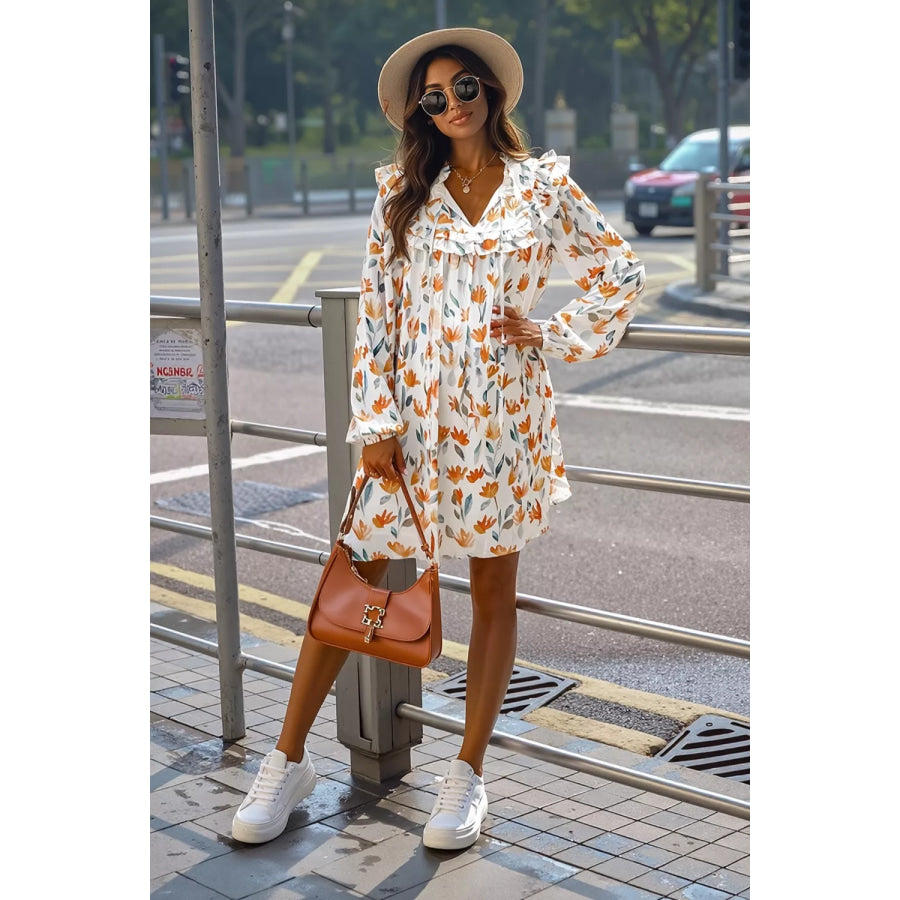 Bohemian Floral Print Ruffle Mini Dress Apparel and Accessories