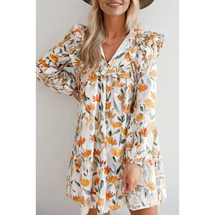 Bohemian Floral Print Ruffle Mini Dress Sherbet / S Apparel and Accessories