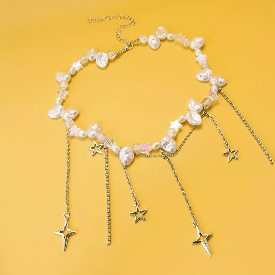 Bohemian Irregular Pearl Star Tassel Choker Necklace Silver / onesize Apparel and Accessories