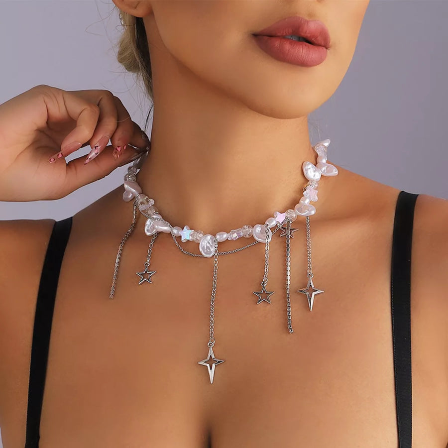 Bohemian Irregular Pearl Star Tassel Choker Necklace Silver / onesize Apparel and Accessories