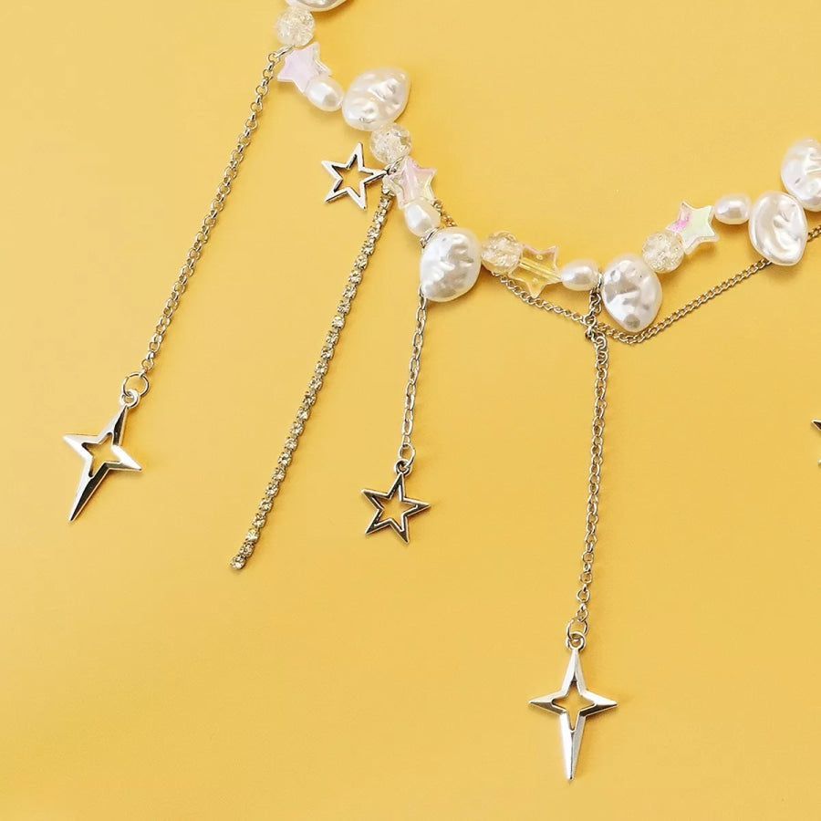 Bohemian Irregular Pearl Star Tassel Choker Necklace Silver / onesize Apparel and Accessories