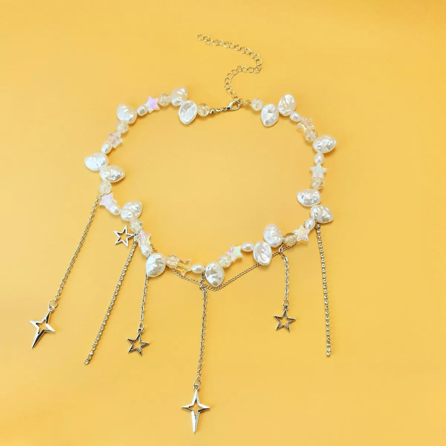 Bohemian Irregular Pearl Star Tassel Choker Necklace Silver / onesize Apparel and Accessories