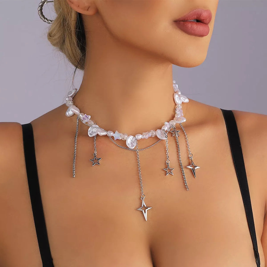 Bohemian Irregular Pearl Star Tassel Choker Necklace Silver / onesize Apparel and Accessories