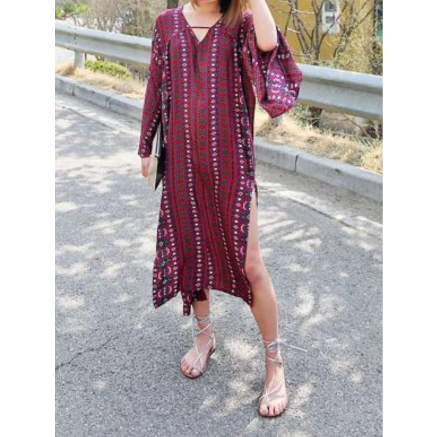 Bohemian Print Midi Dress with Side Slits Red / M Apparel and Accessories