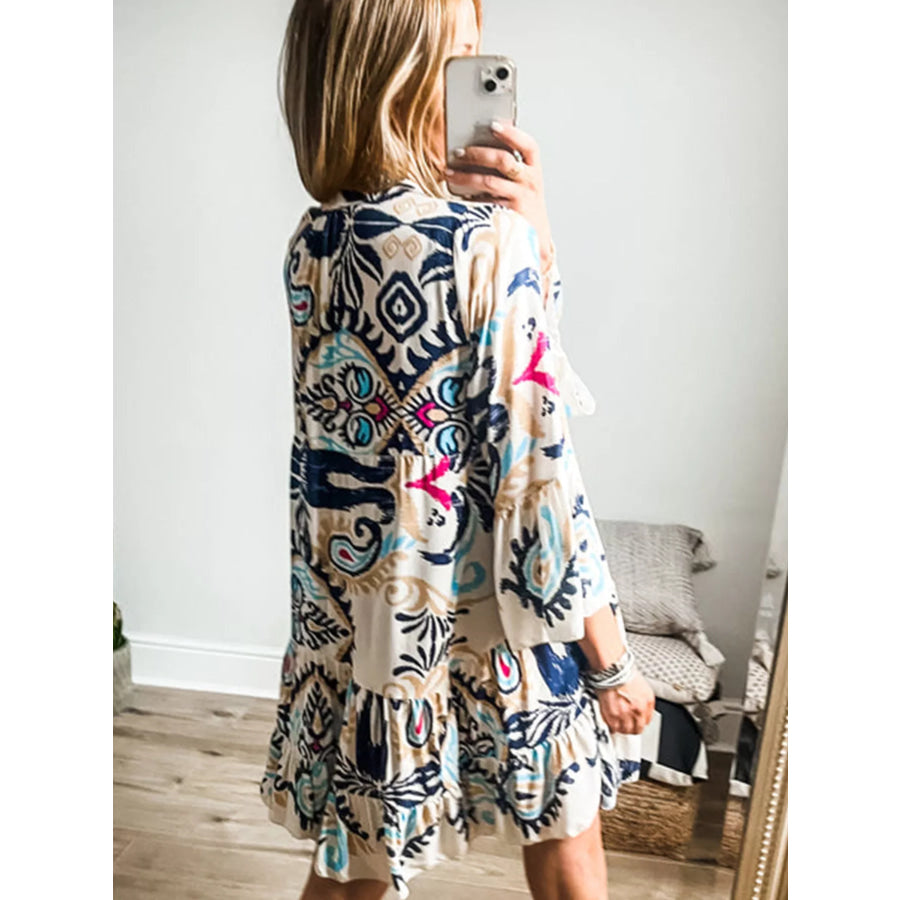 Bohemian Print Tiered Mini Dress White / S Apparel and Accessories
