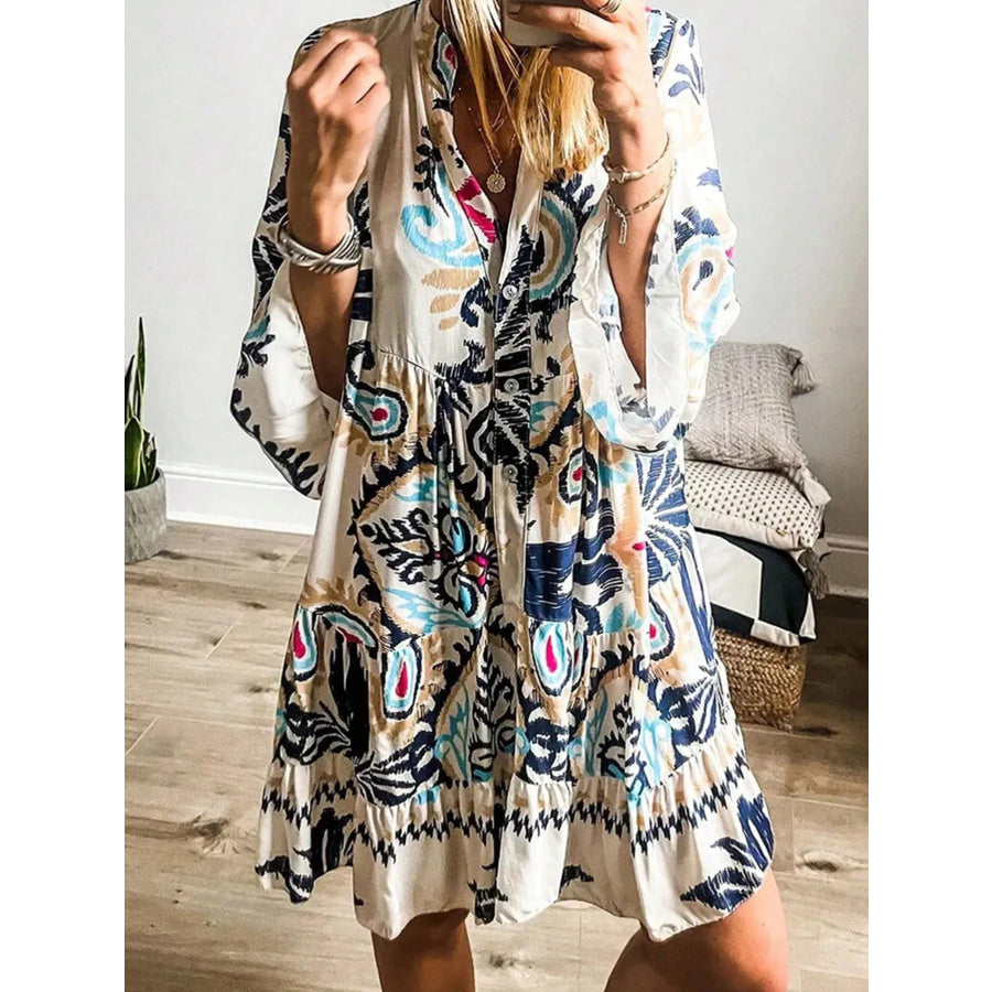 Bohemian Print Tiered Mini Dress White / S Apparel and Accessories