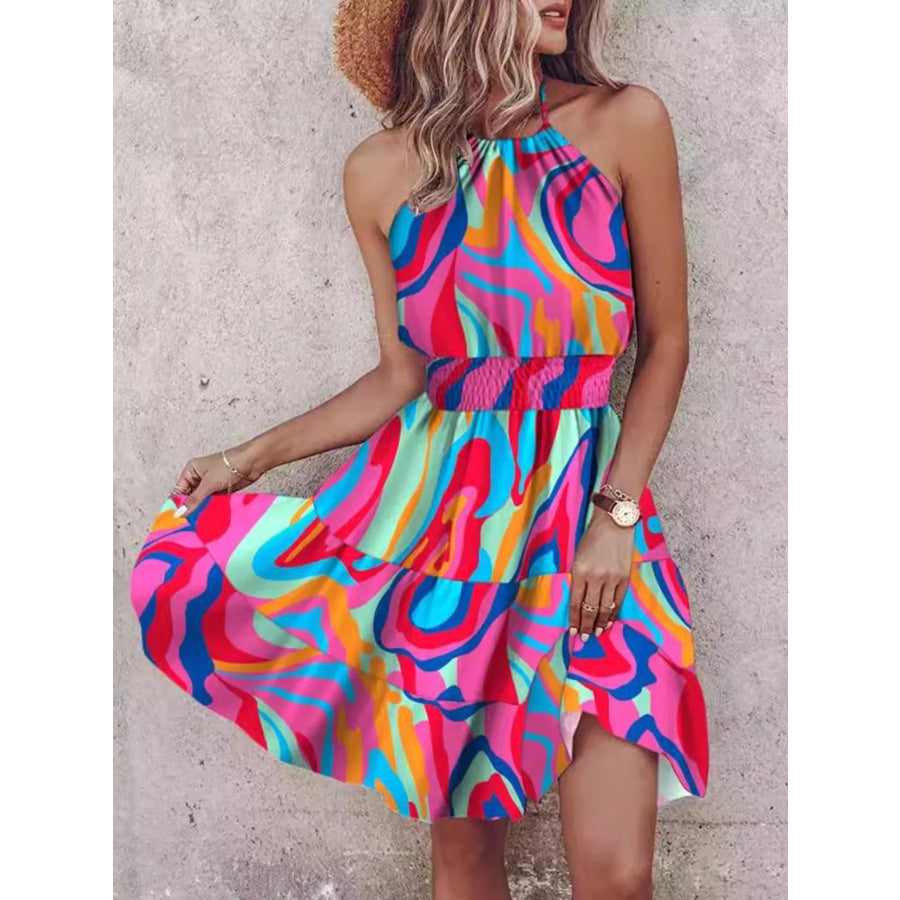 Bohemian Printed Halter Mini Dress Red-Violet / S Apparel and Accessories