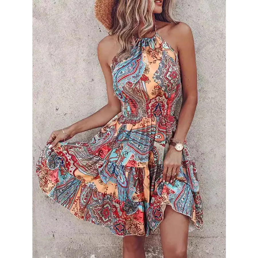 Bohemian Printed Halter Mini Dress Sherbet / S Apparel and Accessories