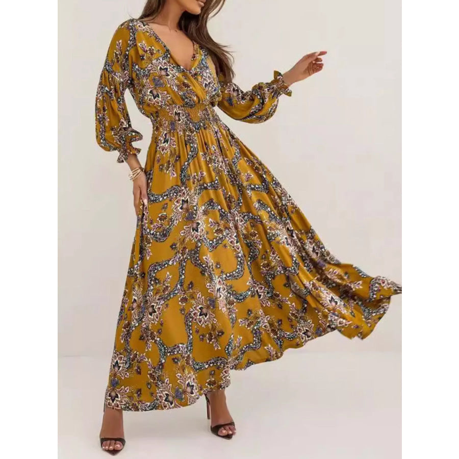 Bohemian Printed Maxi Dress with Plunging Neckline Mustard / S Apparel and Accessories
