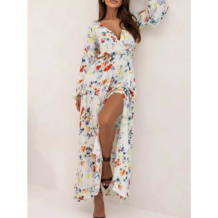 Bohemian Printed Maxi Dress with Plunging Neckline White / S Apparel and Accessories