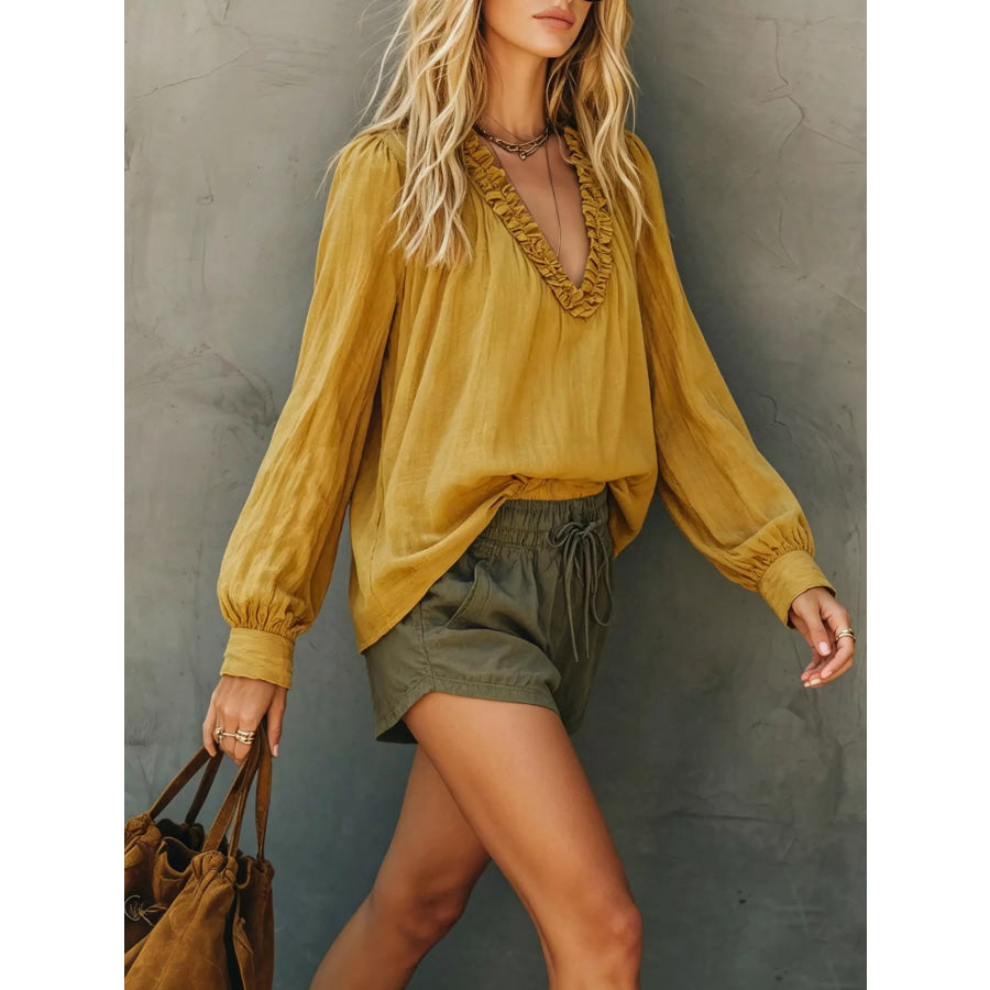 Bohemian Ruffled V-Neck Long Sleeve Blouse Apparel and Accessories