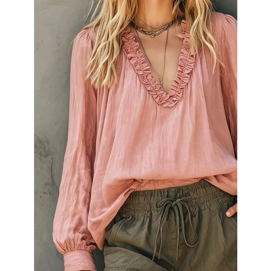 Bohemian Ruffled V-Neck Long Sleeve Blouse Apparel and Accessories