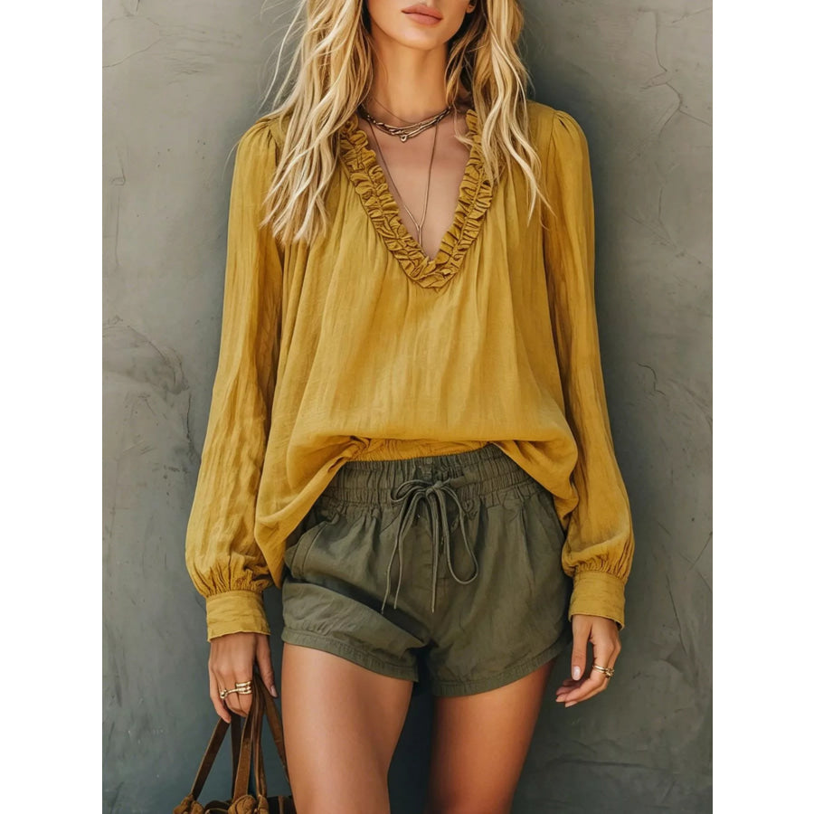 Bohemian Ruffled V-Neck Long Sleeve Blouse Yellow / S Apparel and Accessories