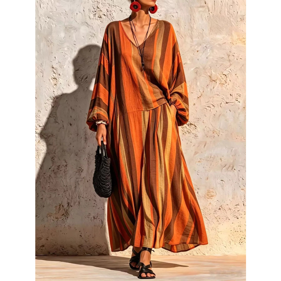 Bohemian Striped V-Neck Loose Top and Wide Leg Pants Set Apparel Accessories